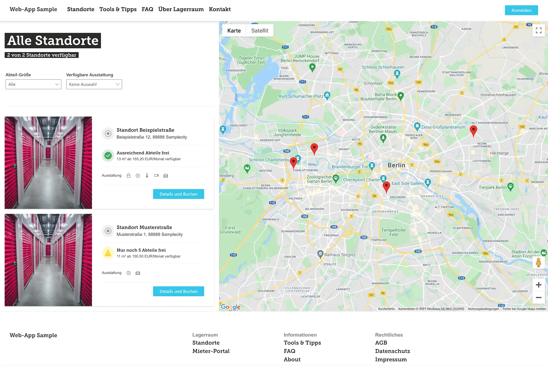 Startseite mit Kacheln für jedes Abteil und einer großen Karte.